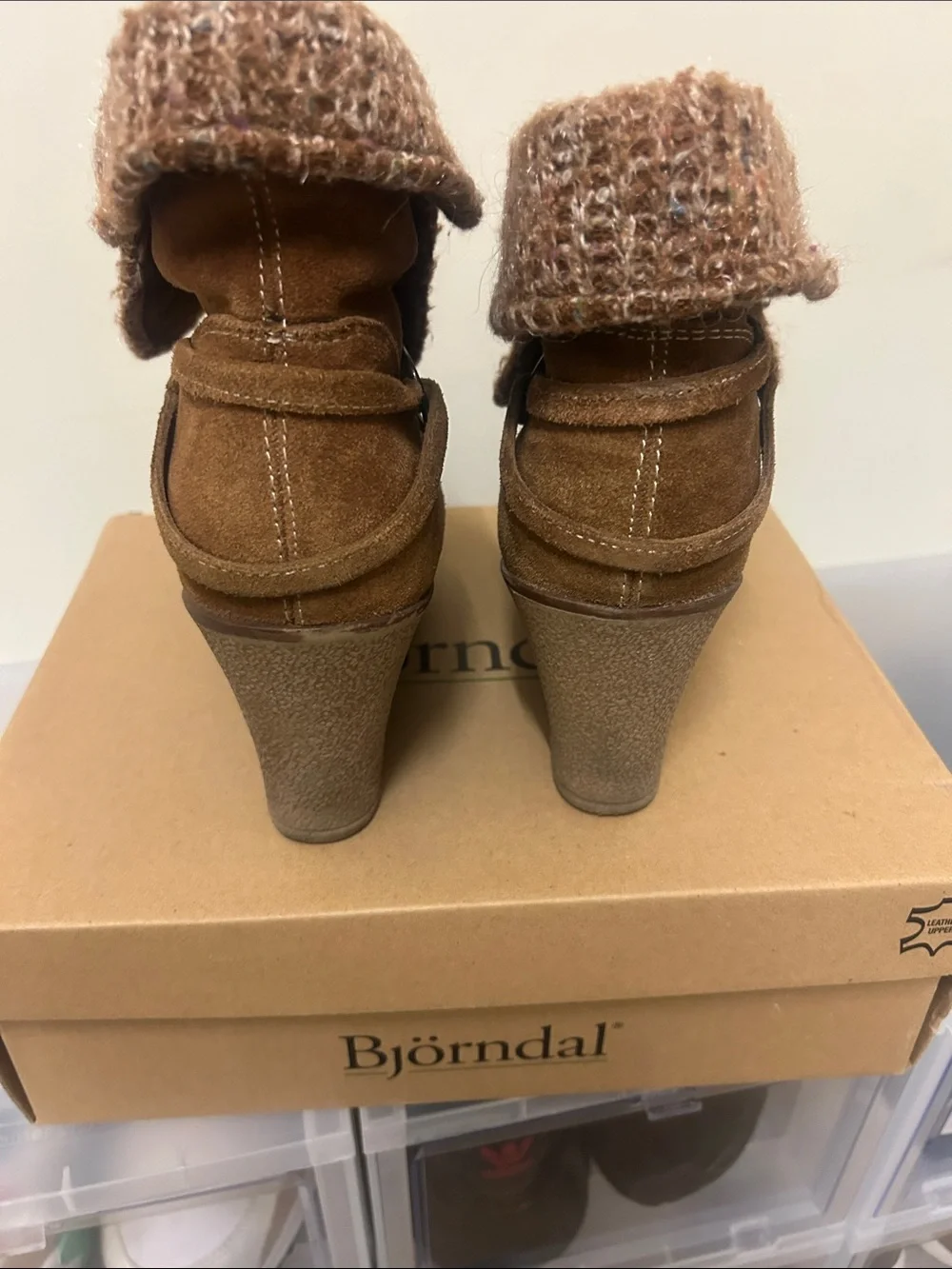 Bjorndal Chestnut Suede Fold-Over Knit Cuff Wedge Booties